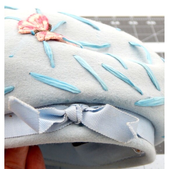 Vintage Womens Felt Beret Hat Blue Butterfly Applique Meyer Brothers Raffia main image 12